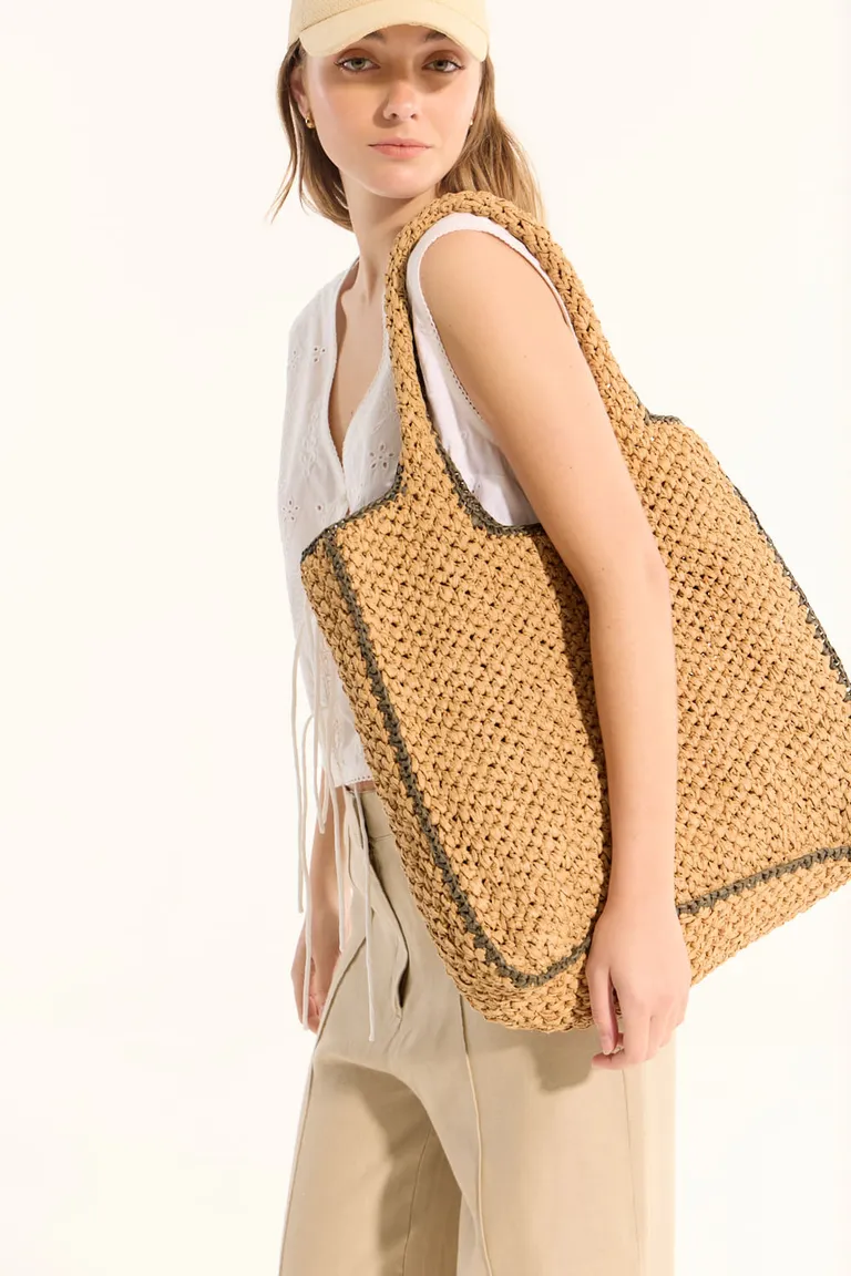 Cartera de rafia estilo tote con bordes combinados - Perfecta para la playa y paseos casuales de Portsaid en Bolsos y Carteras para argentina
