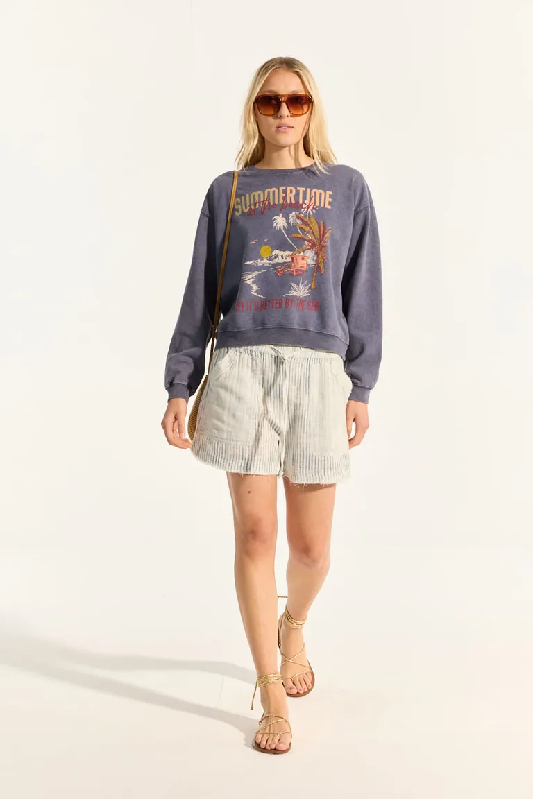 Buzo de algodón con estampado gráfico y detalles gastados para mujer de Portsaid en Buzos y Sweaters para argentina