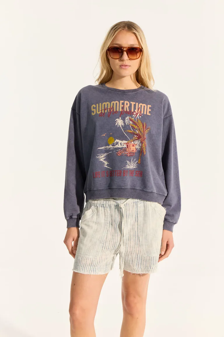 Buzo de algodón con estampado gráfico y detalles gastados para mujer de Portsaid en Buzos y Sweaters para argentina