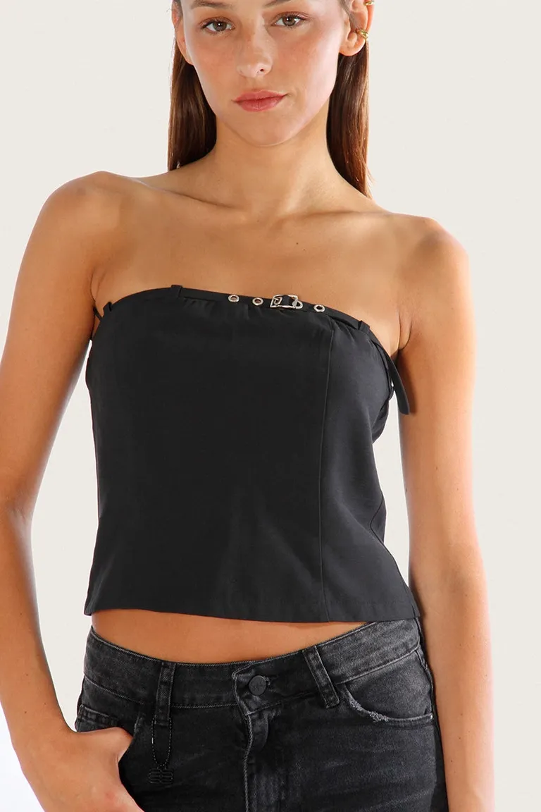 Top negro strapless con cinturón decorativo, diseño modular y elegante de Sofia Sarkany en Tops para argentina