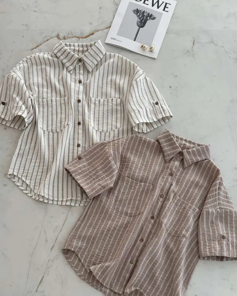 Camisa de lino rayado con botones de nácar y detalles en las mangas de Hesed en Camisas para argentina