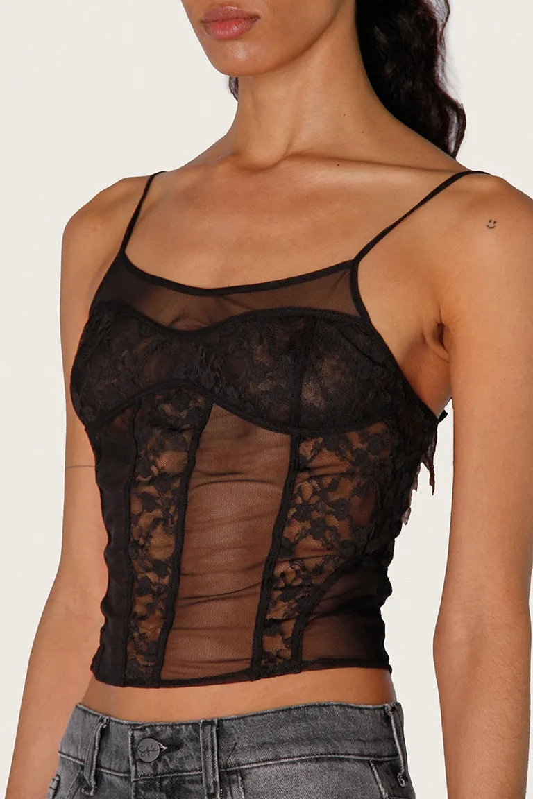 Top de estilo corset en combinación de malla y encaje para realzar la figura de Sofia Sarkany en Tops para argentina