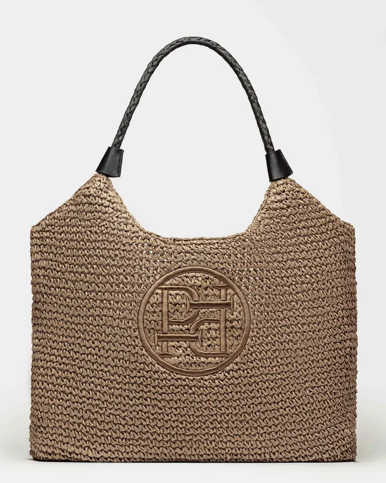 Bolso de playa estilo tote en raffia marrón con diseño clásico y atemporal de Prüne en Bolsos y Carteras para argentina
