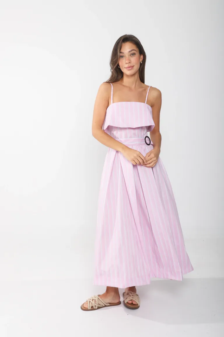 Vestido de poplin rayado con solapa, entallado en la parte superior y falda evase con lazo en la cintura de Belle en Vestidos para argentina