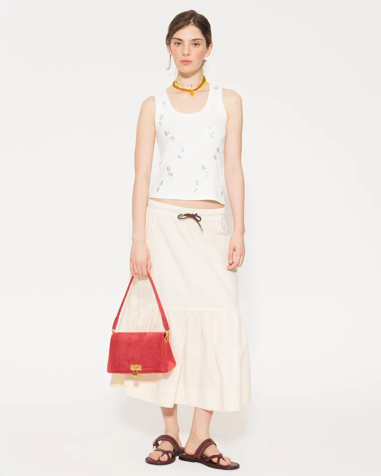 Falda midi blanca de poplín con cintura elástica y volados de Jazmin Chebar en Faldas para argentina