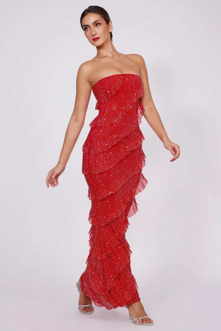 Maxi vestido strapless con volados adornado de Oh Polly en Vestidos para argentina