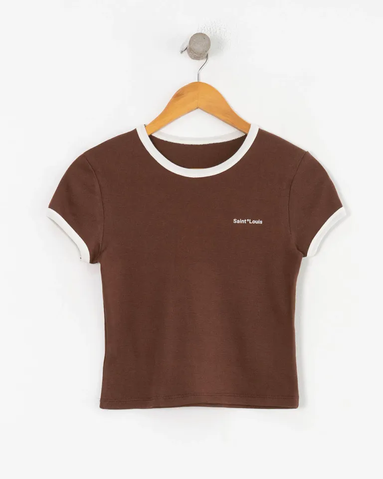 Remera marrón con cuello y mangas combinados para mujer de Sky en Remeras para argentina