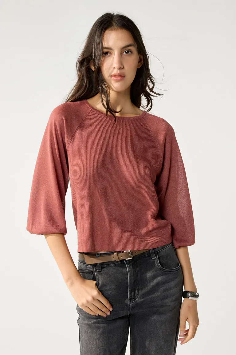 Suéter tejido en morley con escote en V y mangas abuchonadas para mujer de Cuesta Blanca en Buzos y Sweaters para argentina