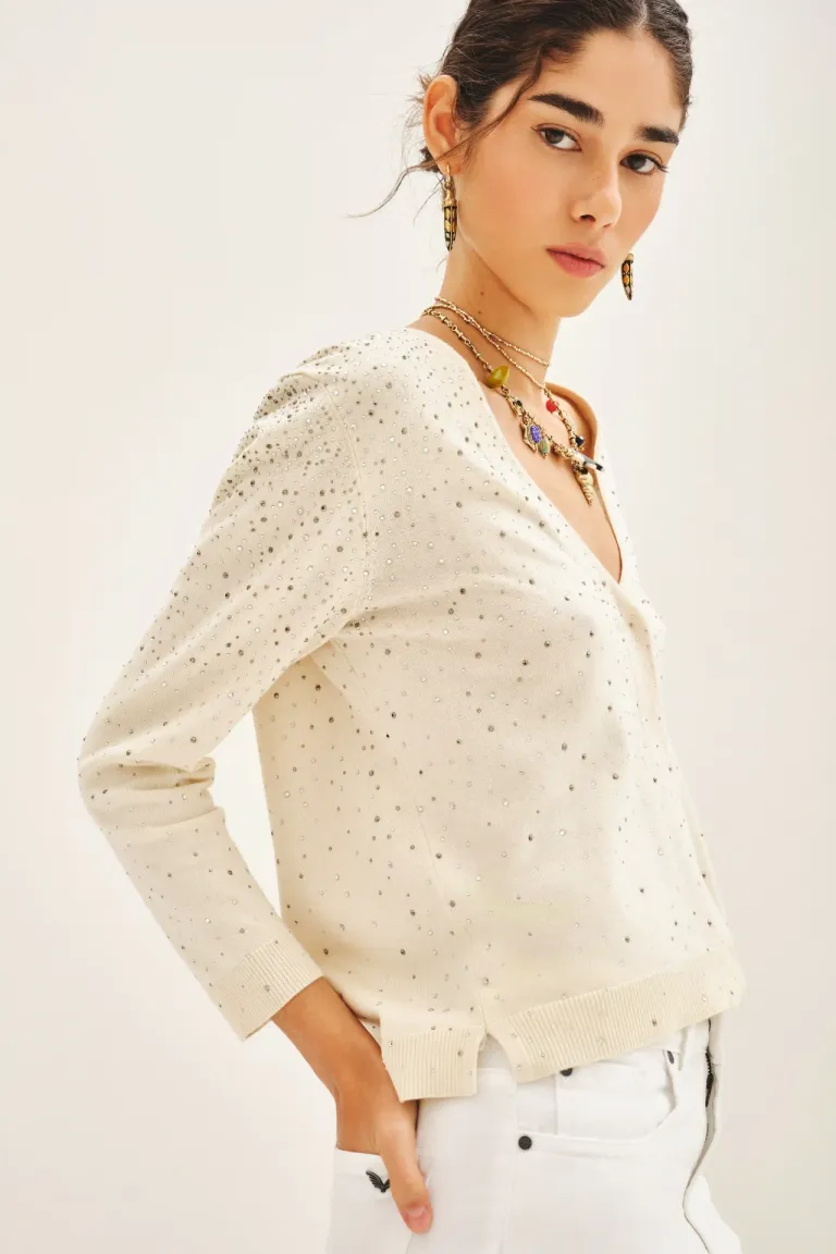 Cardigan de escote en V con aplicación de tachas - Prenda de abrigo elegante y de tendencia de Rapsodia en Buzos y Sweaters para argentina
