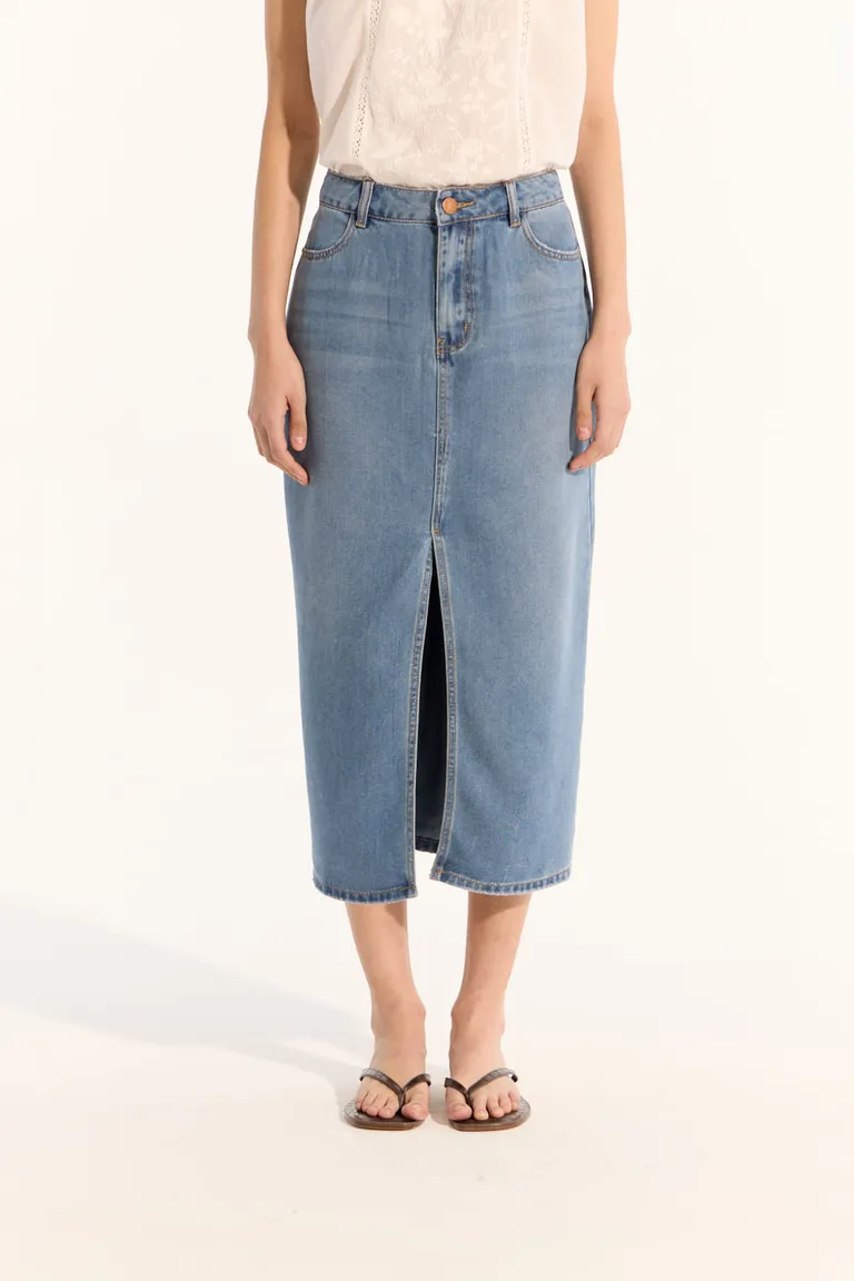 Falda de corte recto y tiro medio con aspecto a denim en color azul de Portsaid en Faldas para argentina