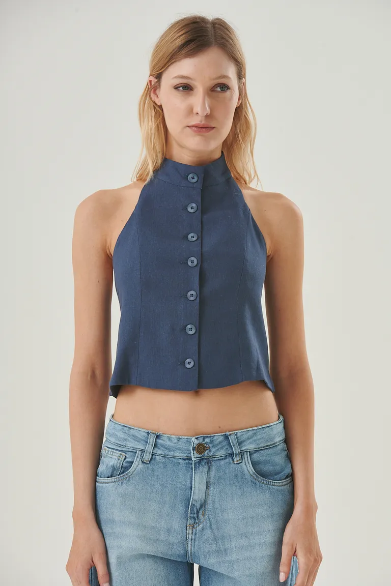 Elegante chaleco de lino con cuello alto y abotonadura frontal de Sweet en Chalecos para argentina