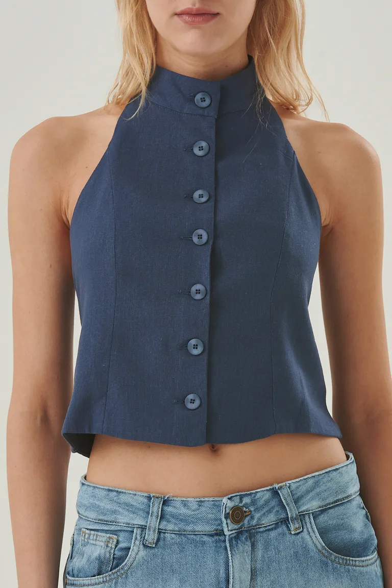 Elegante chaleco de lino con cuello alto y abotonadura frontal de Sweet en Chalecos para argentina