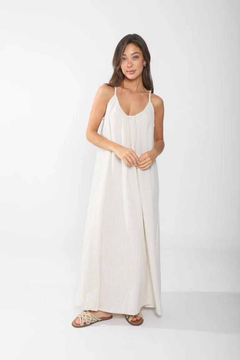 Vestido rayado en buble con breteles ajustables y escote en la espalda de Belle en Vestidos para argentina