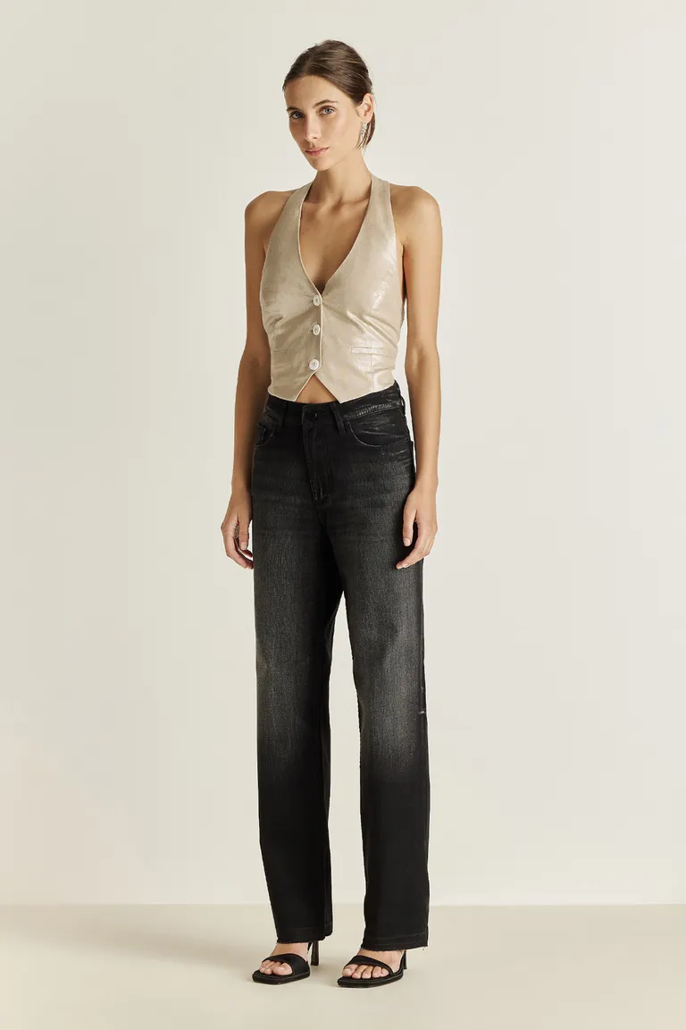 Pantalón de denim de tiro alto y calce relajado con lavado negro intenso y detalles exclusivos de Tucci en Pantalones para argentina