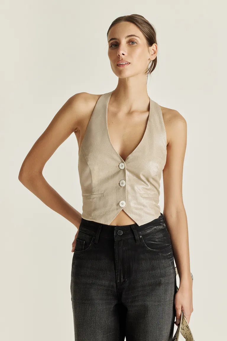 Sofisticado chaleco de lino con acabado foil para mujer de Tucci en Chalecos para argentina