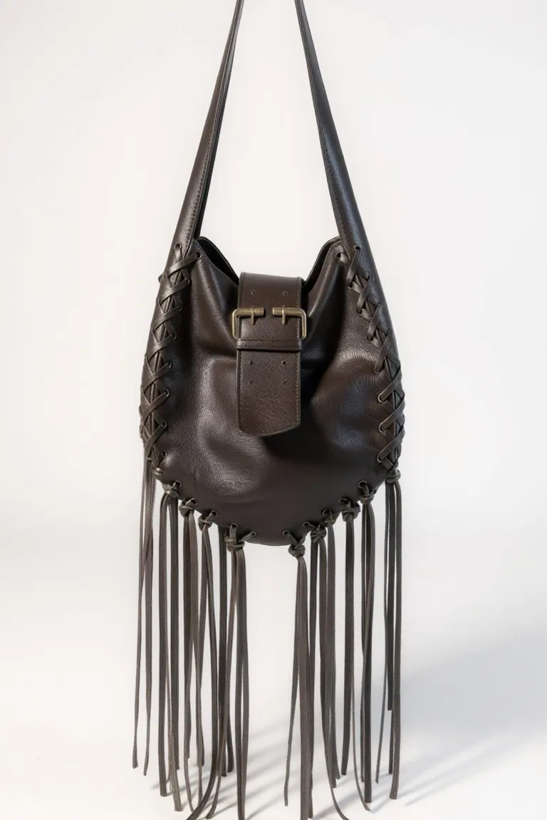 Cartera de gamuza marrón con detalles de costuras y flecos, estilo artesanal y bohemio de Maria Cher en Bolsos y Carteras para argentina