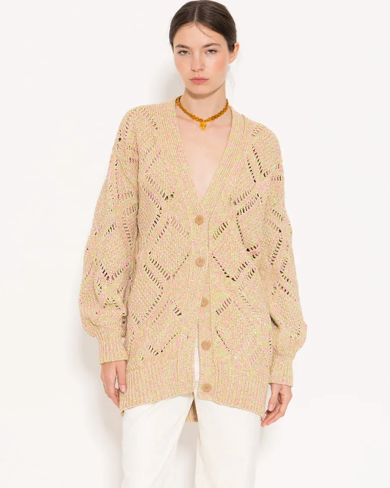 Cardigan tejido grueso multicolor con mangas bombé y botones de Jazmin Chebar en Buzos y Sweaters para argentina