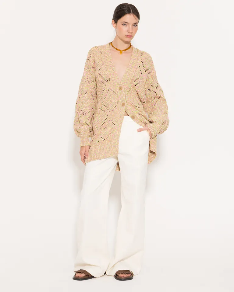 Cardigan tejido grueso multicolor con mangas bombé y botones de Jazmin Chebar en Buzos y Sweaters para argentina