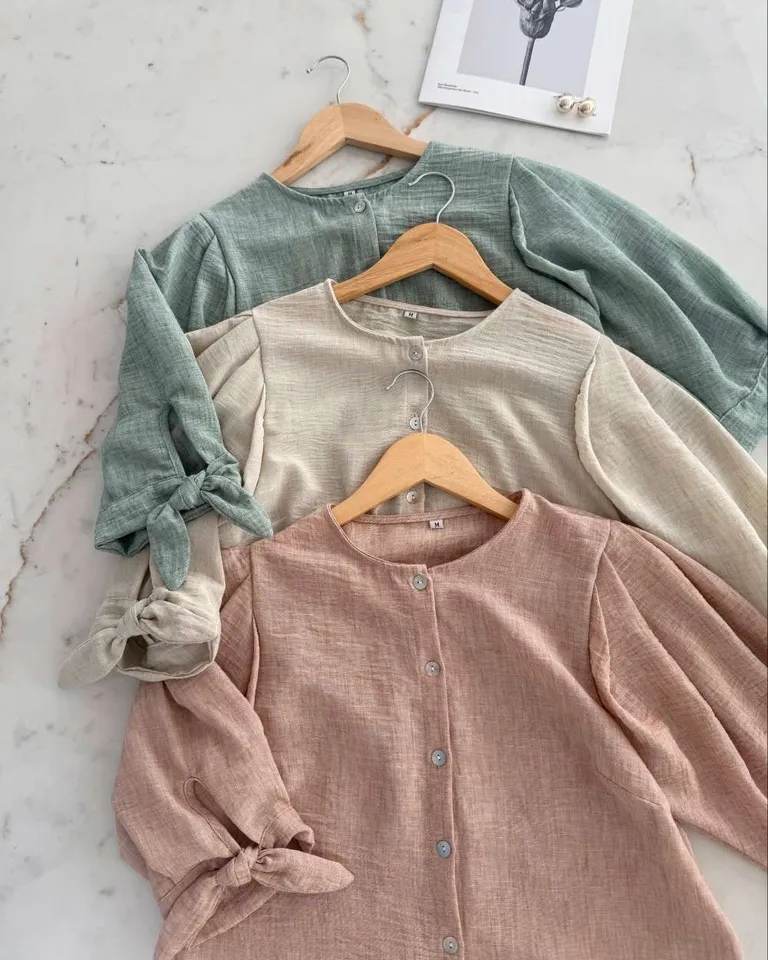 Camisa de lino melange con lazo y manga 3/4 para mujer de Hesed en Camisas para argentina