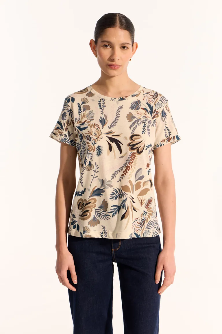 Remera de corte holgado y manga corta con estampado en suave mezcla de algodón y lino de Portsaid en Remeras para argentina