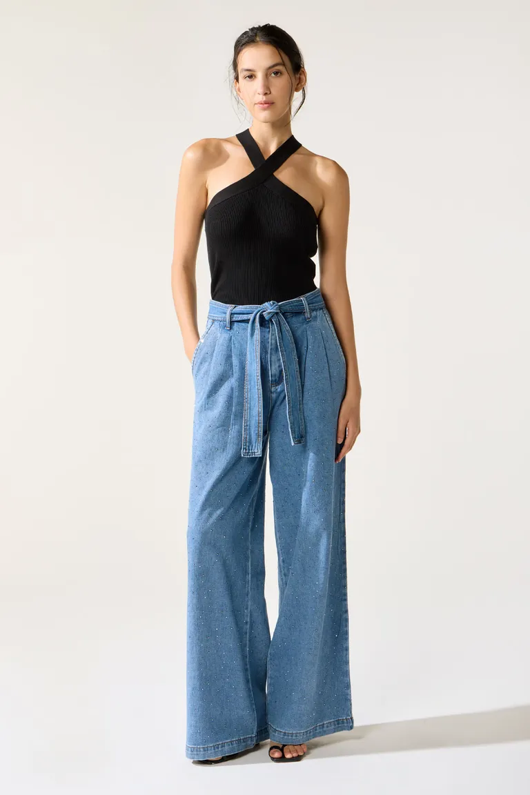 Pantalón de denim de pierna ancha con detalles de hotfix y lazo en la cintura de Cuesta Blanca en Pantalones para argentina