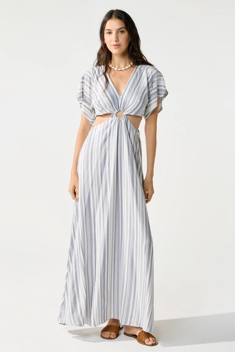 Vestido largo con detalles en jacquard rayado y espalda descubierta de Cuesta Blanca en Vestidos para argentina