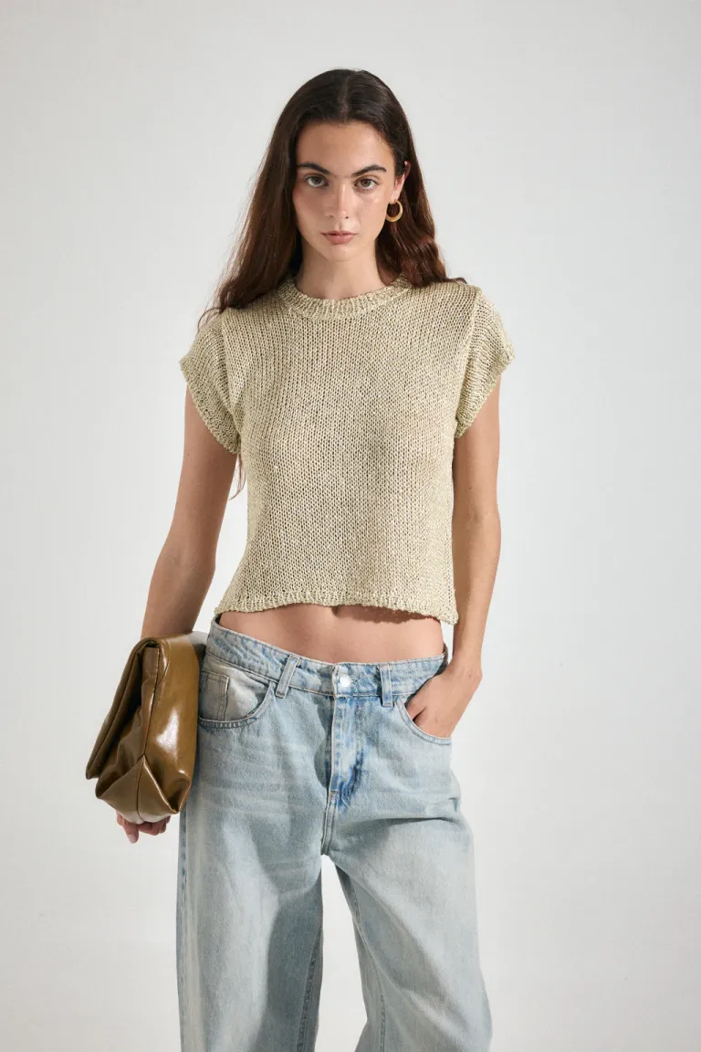 Remera tejida con lentejuelas de manga corta para mujer de Audaz en Remeras para argentina