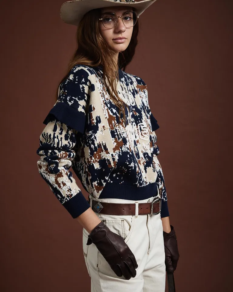 Sweater tejido con diseño jacquard y detalle de volados en mangas de Wanama en Buzos y Sweaters para argentina