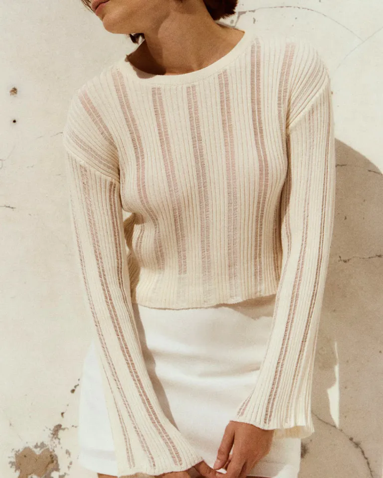 Sweater calado con diseño tramado y cuello en V para mujer de Sky en Buzos y Sweaters para argentina