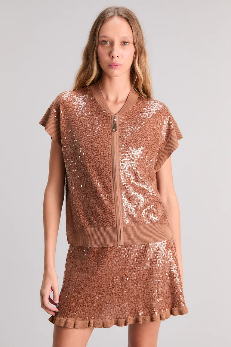 Chaleco de punto jersey con detalles de lentejuelas en tono marrón de Kosiuko en Chalecos para argentina