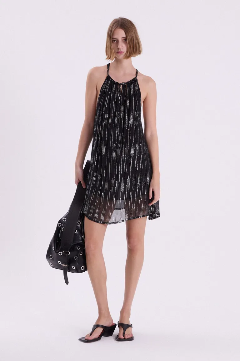 Vestido corto de georgette negro con aplicaciones de lurex plateado de Maria Cher en Vestidos para argentina