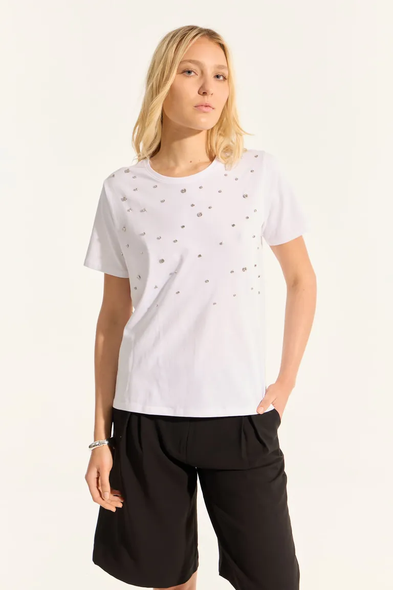 Remera de algodón con aplicaciones de strass - Prenda elegante y versátil para el día a día de Portsaid en Remeras para argentina