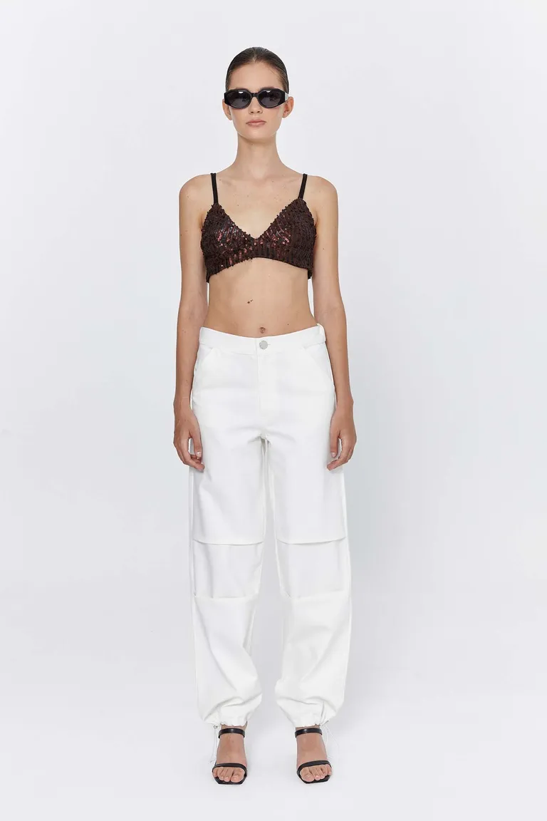 Top corpiño de lentejuelas marrón con diseño en pico en el bajo de Naíma en Tops para argentina