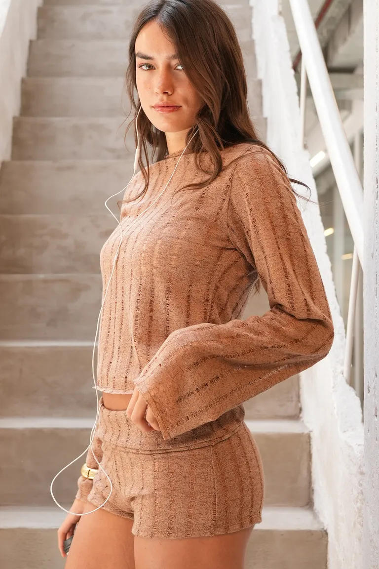 Suéter de punto acanalado de manga larga y cuello redondo para mujer de Top White en Tops para argentina