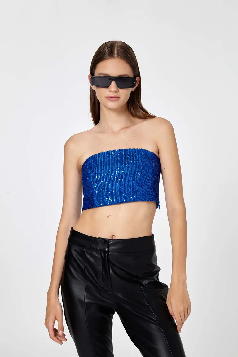 Top azul eléctrico sin tirantes con lentejuelas brillantes para mujer de Naíma en Tops para argentina