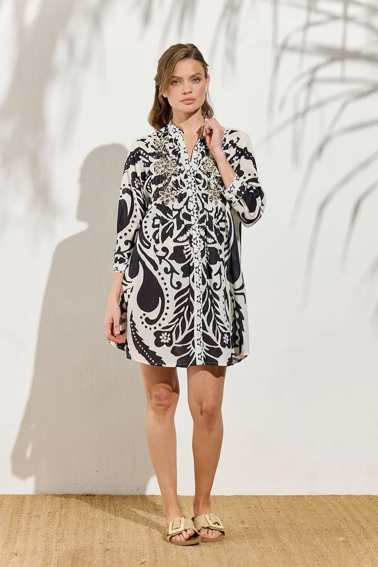 Túnica de algodón con estampado floral y bordados en mostacillas de Indiastyle en Túnicas para argentina