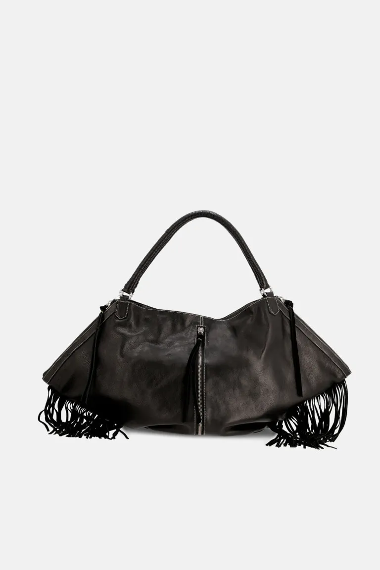 Bolso de cuero negro con detalles de flecos para un look urbano y moderno de Justaosadia en Bolsos y Carteras para argentina
