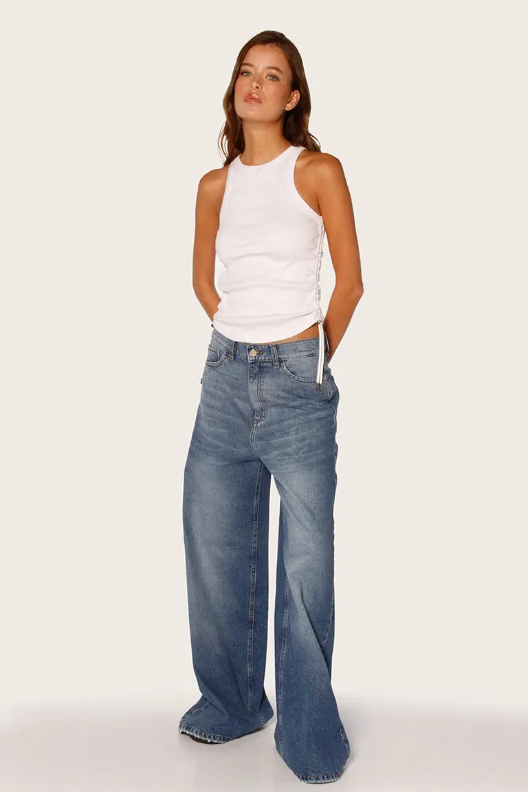 Pantalón de denim ancho de tiro medio y largo modular hasta los talones de Sofia Sarkany en Pantalones para argentina