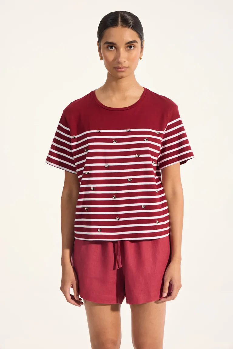 Remera rayada de diseño con detalles bordados y aplicaciones de strass de Portsaid en Remeras para argentina