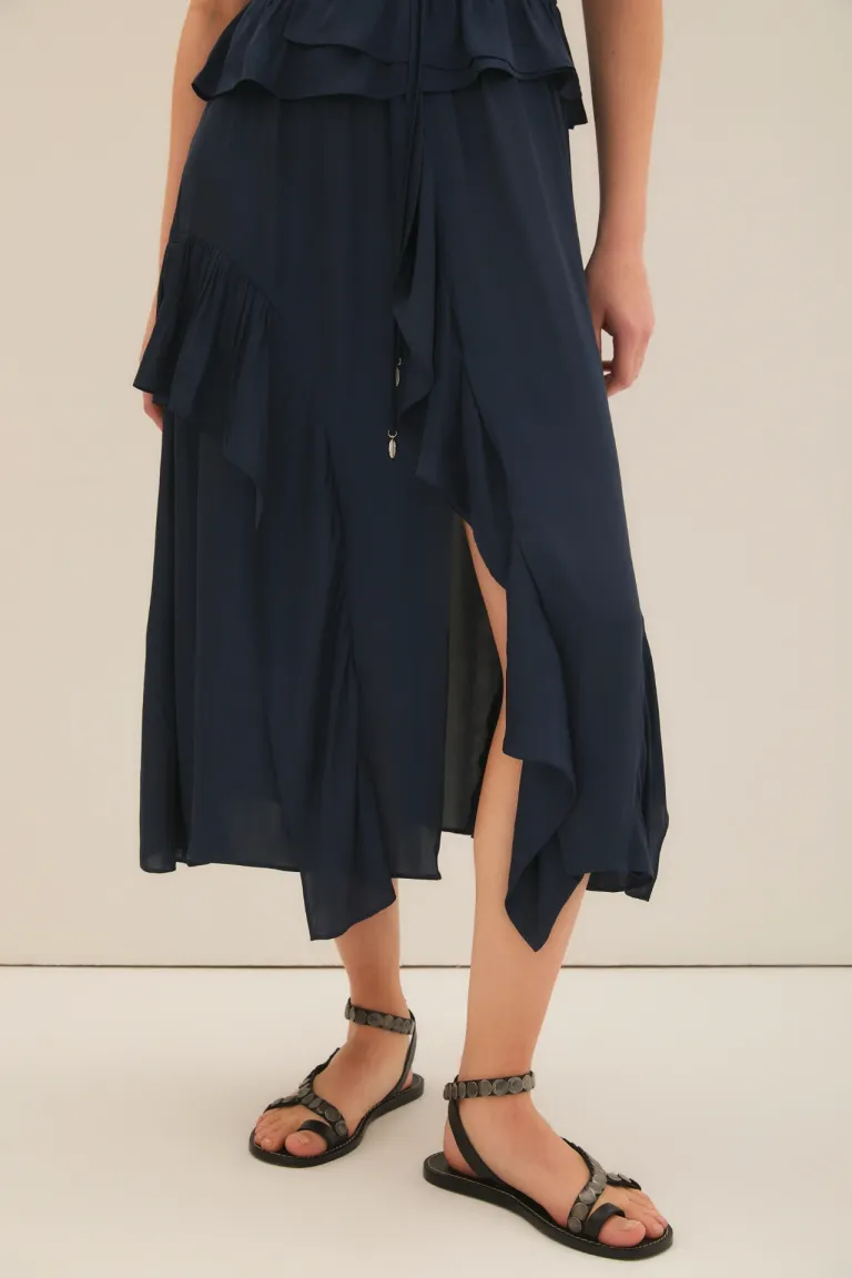 Vestido midi elegante y femenino en azul con detalles volados de Rapsodia en Vestidos para argentina