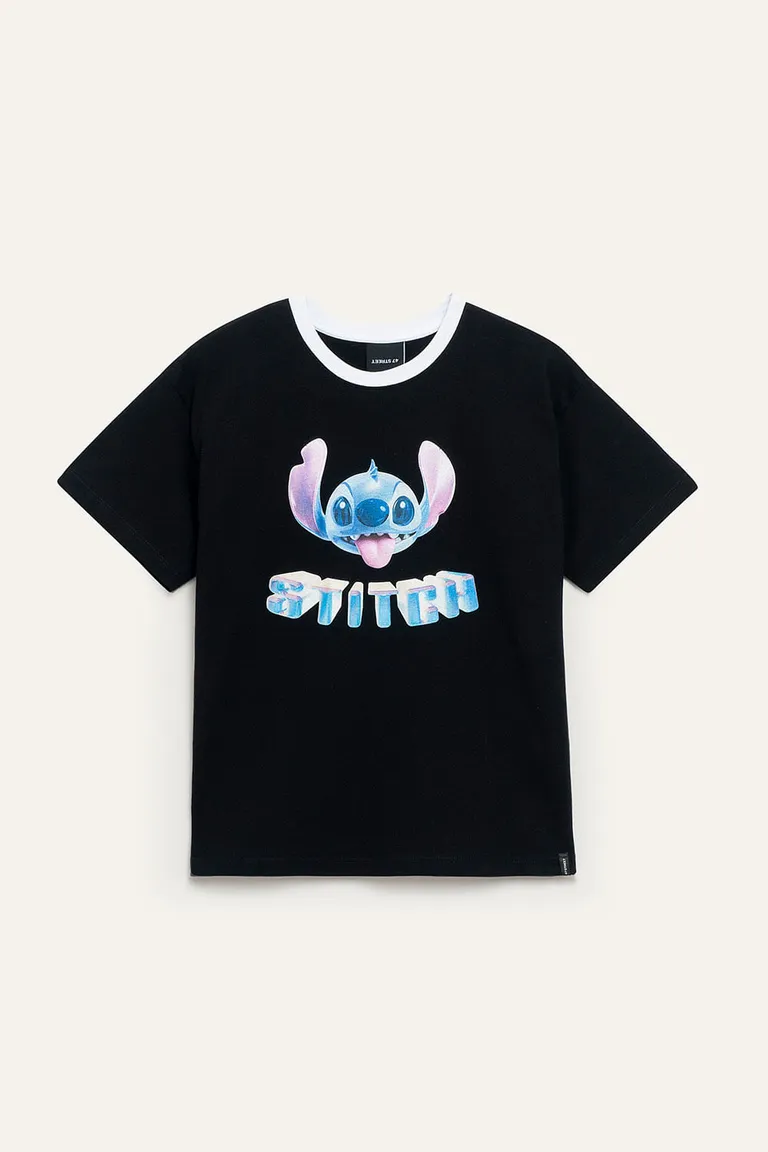 Remera negra de algodón con estampa de Stitch - Diseño casual y elegante de 47 Street en Remeras para argentina
