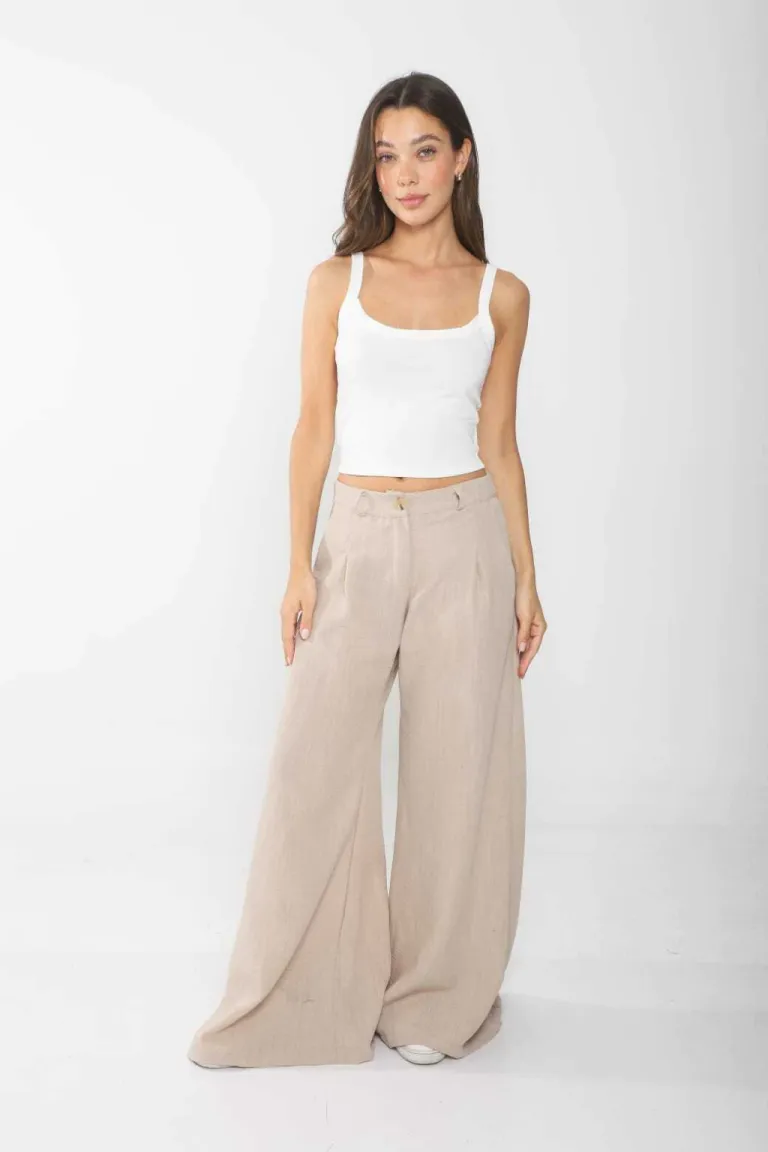 Pantalón ancho de lino con pinzas delanteras para un look femenino y elegante de Belle en Pantalones para argentina