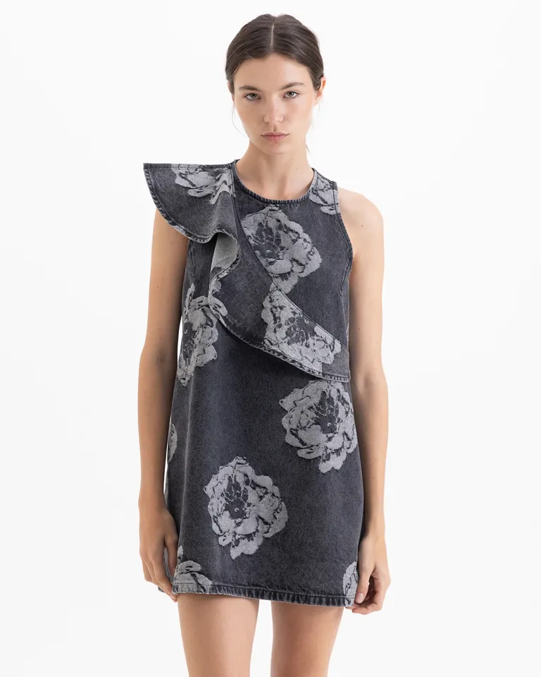 Vestido corto con diseño floral estampado y volado asimétrico frontal sin mangas de Jazmin Chebar en Vestidos para argentina