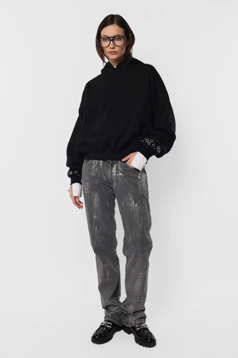 Buzo negro oversize con capucha y bolsillo canguro de diseño moderno y elegante de Top White en Buzos y Sweaters para argentina