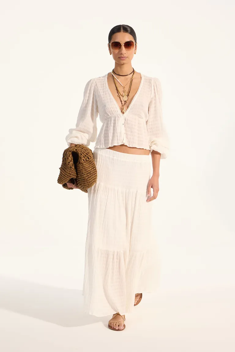 Blusa de algodón cloqué con escote en V y mangas abullonadas de Portsaid en Blusas para argentina