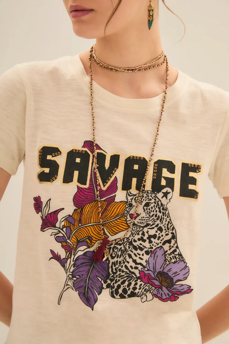 Camiseta de algodón con estampado de chita y detalles metálicos de Rapsodia en Remeras para argentina