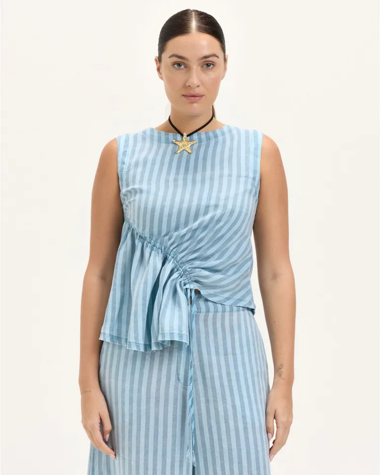 Top sin mangas de lino con diseño fruncido asimétrico en tonos azules de Blue Sheep en Tops para argentina