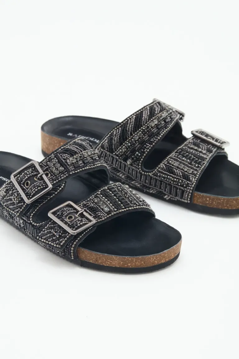 Sandalias bajas de cuero con bordado y aplicaciones de piedras en tono marrón de Rapsodia en Sandalias para argentina