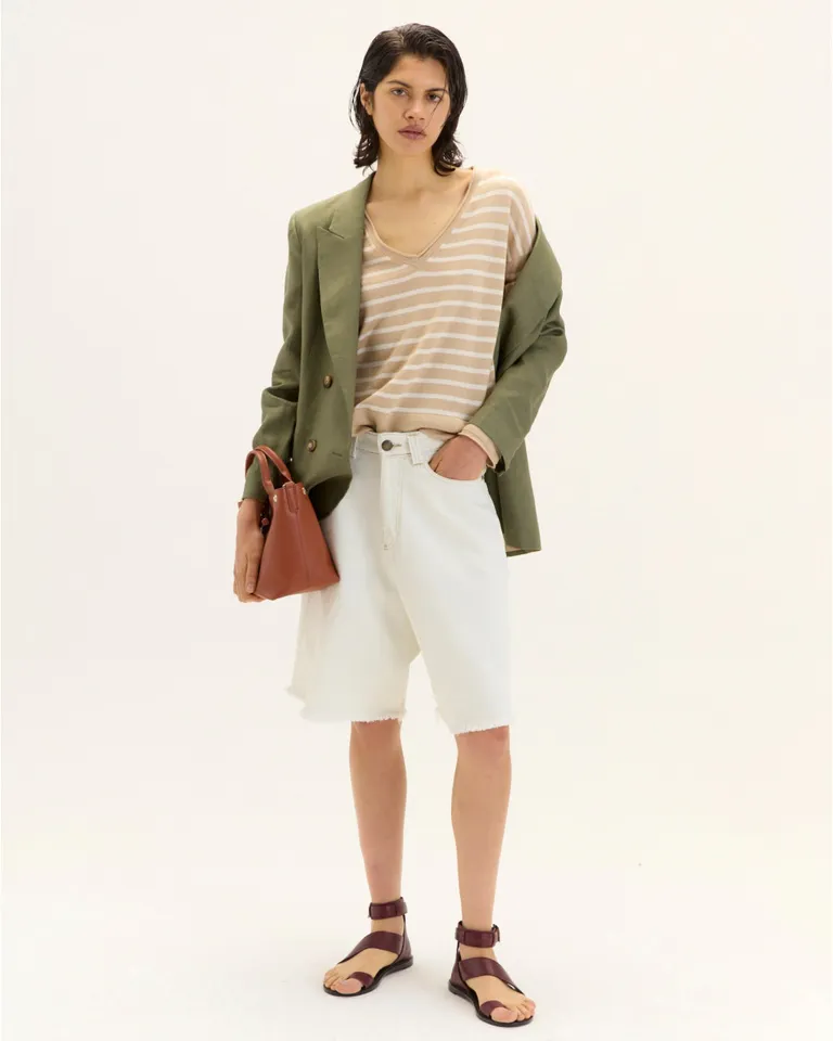 Sweater Rayado de Tejido Liviano con Escote en V y Tajos Laterales de Blue Sheep en Buzos y Sweaters para argentina