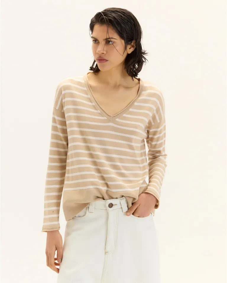 Sweater Rayado de Tejido Liviano con Escote en V y Tajos Laterales de Blue Sheep en Buzos y Sweaters para argentina